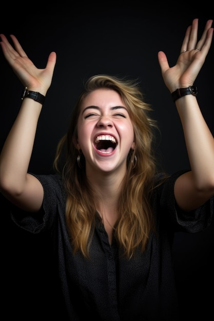 손을 공중에 들고 웃고 있는 젊은 여성과 생성적 AI로 만든 얼굴에 의기양양한 표정