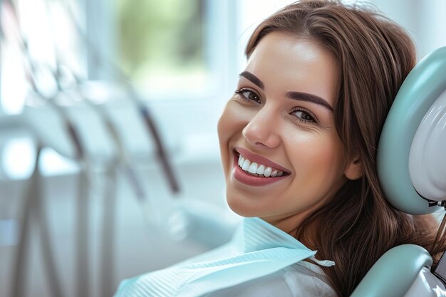 Foto una giovane donna sorridente con la bocca aperta in una sedia dentale