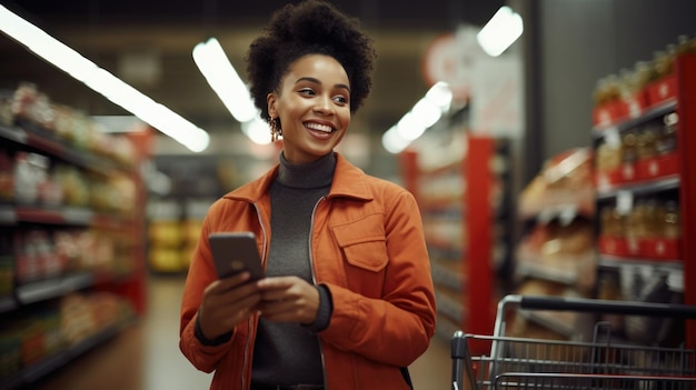 Smiling young woman with smart phone grocery shopping in supermarket