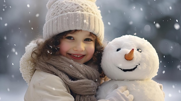 Smiling young woman with snowman on white Christmas in winter snow