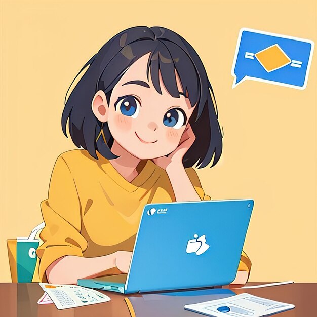 Smiling young woman working on computer laptop notebook cute simple anime style illustration