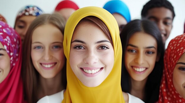 Smiling Young Woman in Yellow Hijab With a Diverse Group of Friends Diversity Unity