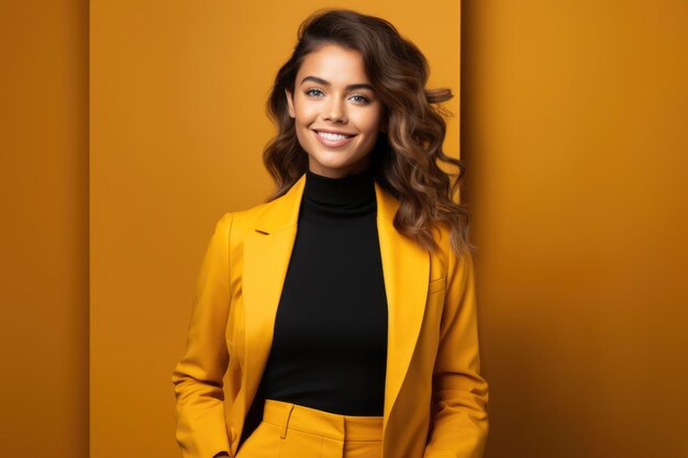 Smiling young woman in yellow jacket looking at camera over yellow background