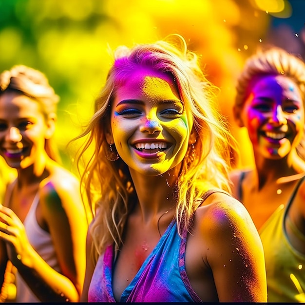 smiling young women dancing in the holi festival