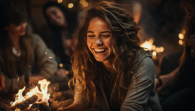 Photo smiling young women enjoying warmth by the fire generated by ai