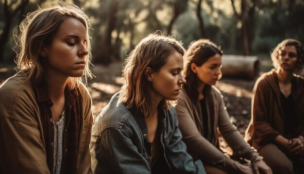 Smiling young women and men enjoy nature generated by AI