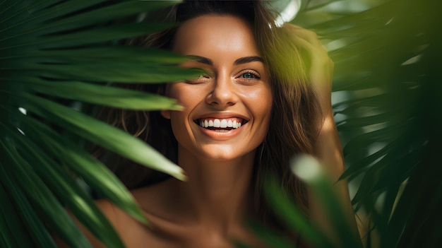 Smiling young women with green leafs