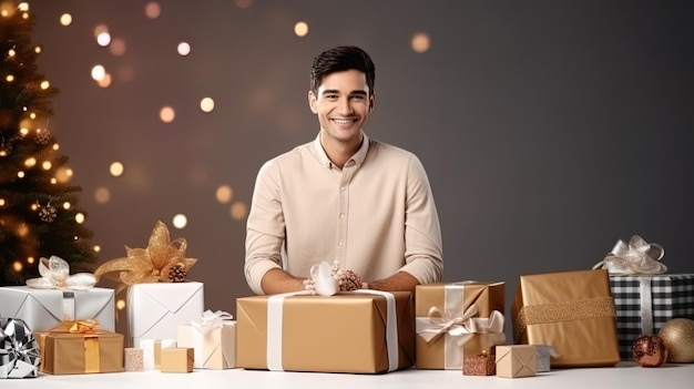 Smiling Youth Seated Surrounded by Various Gift Boxes