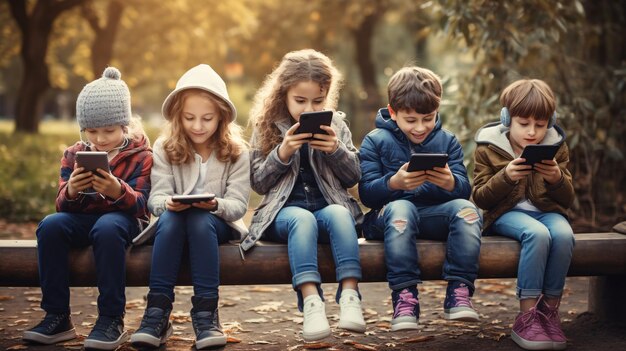 Foto giovani sorridenti che si sdraiano nel parco e guardano i loro cellulari
