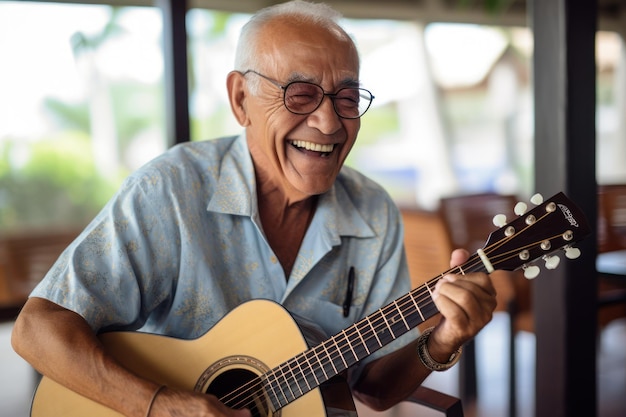 Photo an smilling older person play a guitar