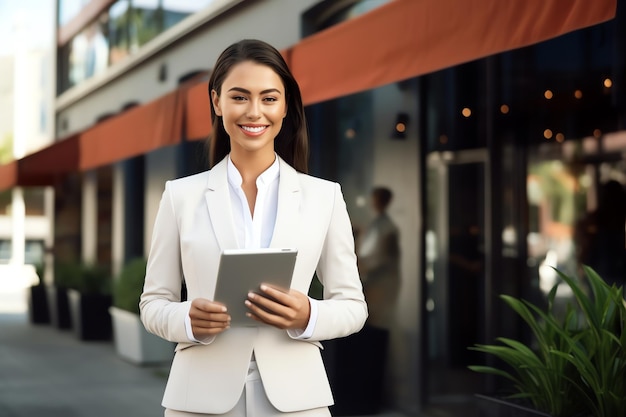 A smilling person holds tablet with outdoor background