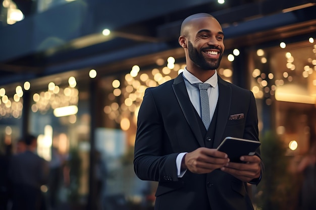 A smilling person holds tablet with outdoor background