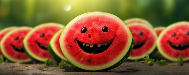 Smilling red fresh watermelon with black seeds in summer healthy food panorama generative ai