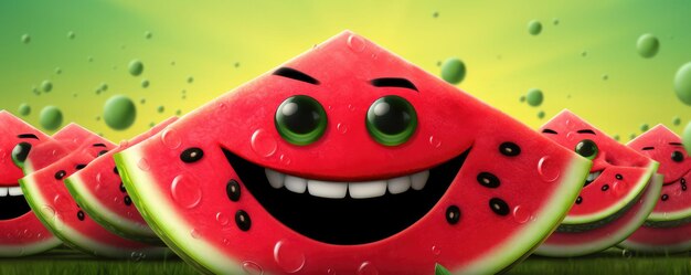 Smilling red fresh watermelon with black seeds in summer healthy food panorama generative ai