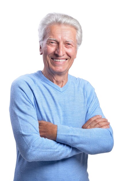Smilling senior man posing isolated on white background