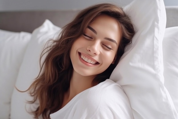 Smilling young woman hugging pillow on comfortable bed with silky linens