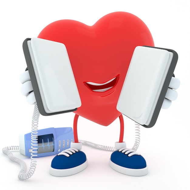 Smily heart keeping defibrillator on white background 3D render