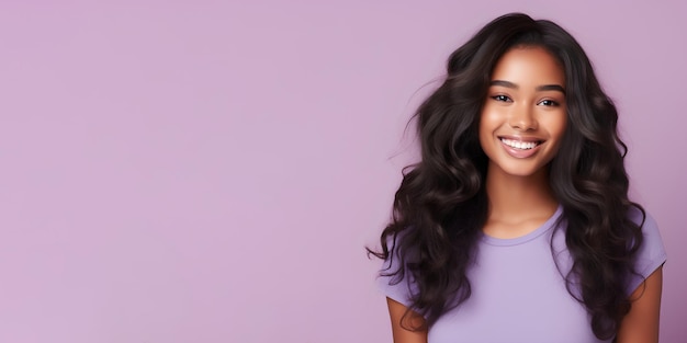 Smimilg young woman with dark skin and long groomed hair isolated on flat violet pastel background with copy space Model for banner of cosmetic products beauty salon and dentistry