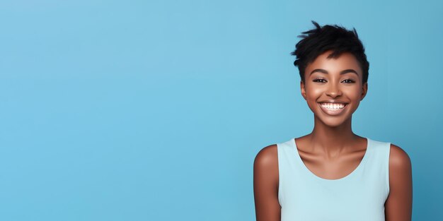 Photo smimilg young woman with dark skin and short groomed hair isolated on flat blue pastel background