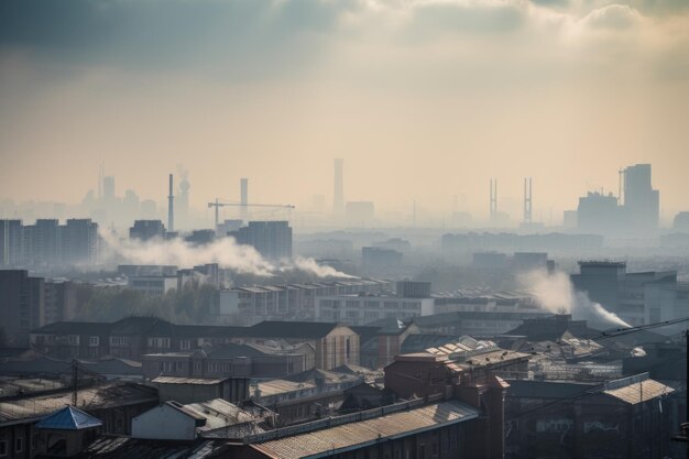 Foto skyline della città smoggy con fumo di fabbrica e fumi di scarico in lontananza creati con intelligenza artificiale generativa