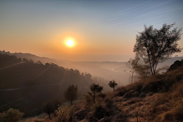 Smoggy morning sunrise with clear blue skies visible in the background