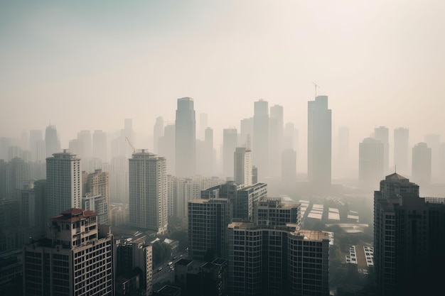 Smoggy skyline van de stad met torenhoge wolkenkrabbers