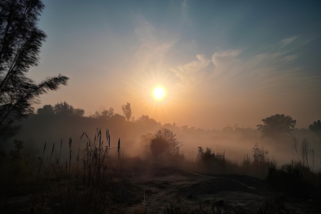 Smoggy sunrise with the sun shining through the haze and into a clear blue sky