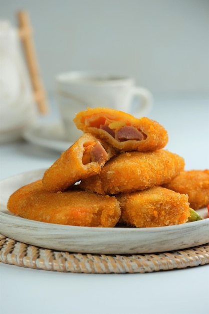 Smoke beef risoles or rissoler on plate with white background