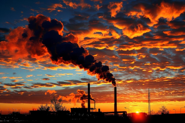 smoke billowing from the chimneys of manufacturing plant against the backdrop of a fiery sunset