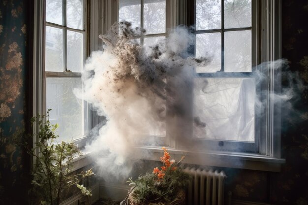 Smoke billowing from a window during a fire created with generative ai