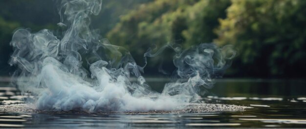 Photo smoke cloud hovers over water reflection visible