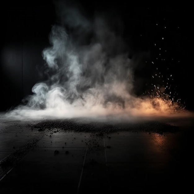 A smoke cloud is lit up on a dark floor.