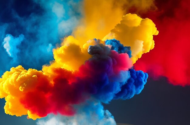 A smoke cloud with a yellow red and blue background