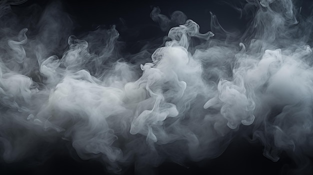 연기 구름, 증기 안개,  안개 증기, 검은 바탕에 고립된 현실적인 연기 입자, 아름다운 회전하는 회색 연기