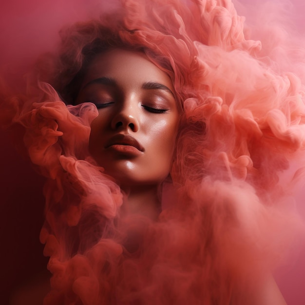 Smoke and colors Woman smoker Women portrait with pink peach pigments deep red with pink smoky mist gradient Happy womens day 8 March