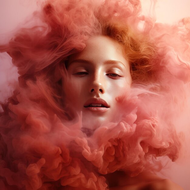 Smoke and colors Woman smoker Women portrait with pink peach pigments deep red with pink smoky mist gradient Happy womens day 8 March