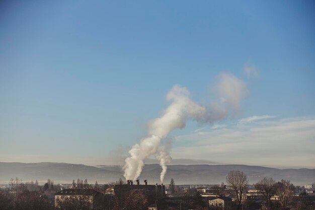 Smoke comes out of the exhaust of heating plant