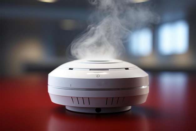 Photo smoke detector with warning light on grey background