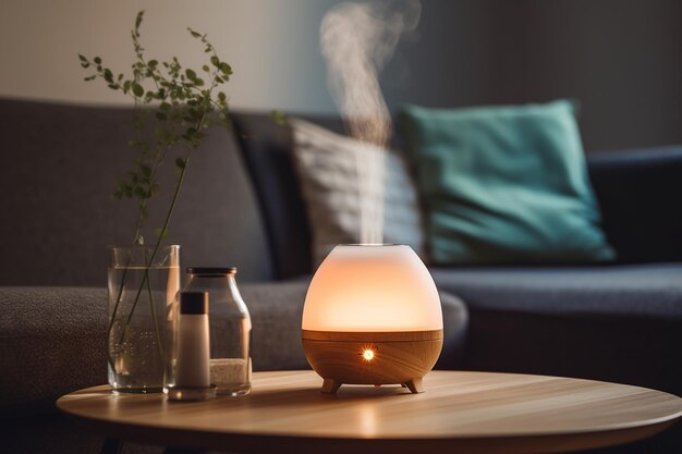 A smoke diffuser on a coffee table with a glass of water and a bottle of salt.