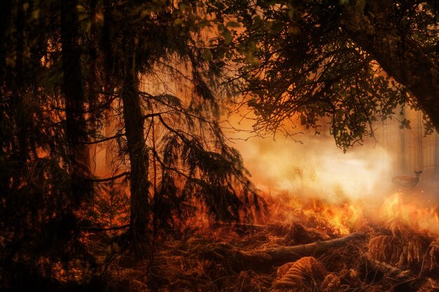 Smoke disaster and danger with fire in forest for destruction fossil fuel and climate change