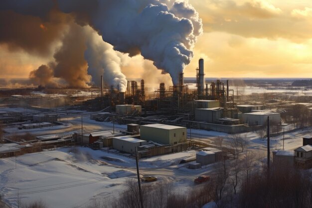 Smoke and emissions rising from a large oil processing facility created with generative ai