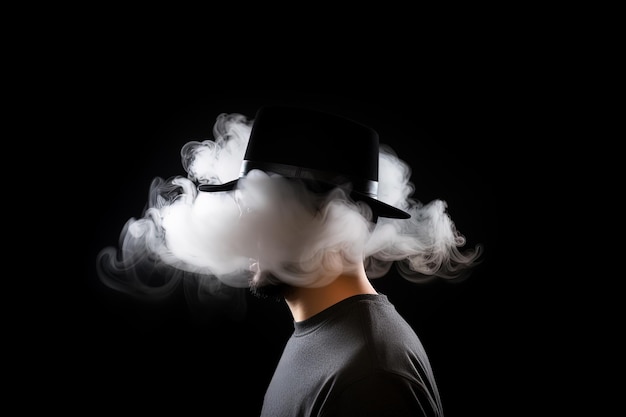 写真 煙が帽子をかぶった男性を包みました暗い背景に煙を持つスタイリッシュな男性の肖像画