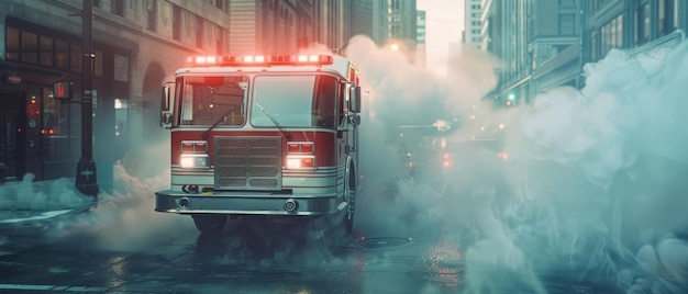 도시 거리에서 비상 상황 에 대응 하는 소방 차량 이 연기 로 여 있다