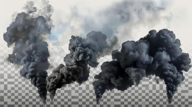 The smoke of a factory or plant was surrounded by dark fog clouds or steam trails Realistic 3D modern illustration of air pollution isolated on transparent background