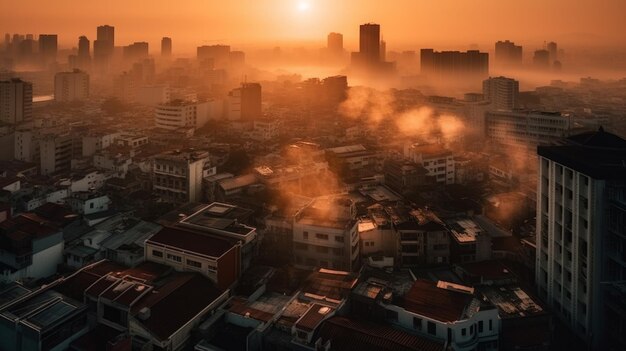 Smoke filled cityscape at sunset AI generated