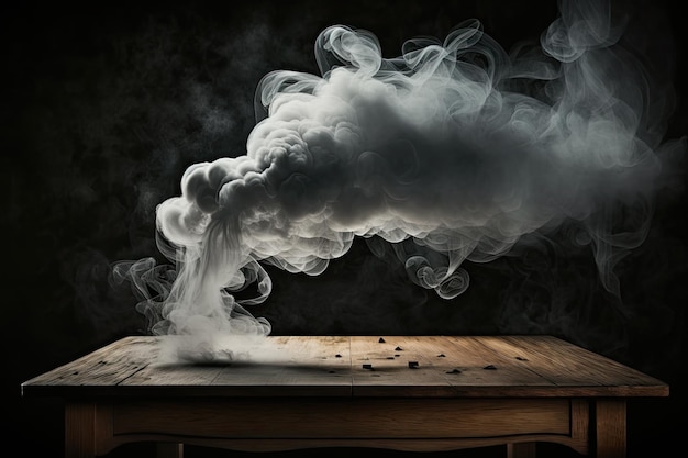 Smoke floating above an empty wooden table against a dark background