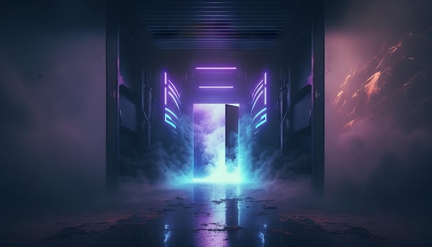 Smoke Fog Futuristic Hall Corridor with Neon Laser Led Blue Purple Glowing Tunnel Metal Reflection Generative ai