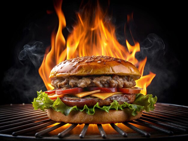 スモークフード ホットビッグハンバーガーサンドイッチ 美味しいビッグミートハンバーガー 黒い背景で炎で準備する