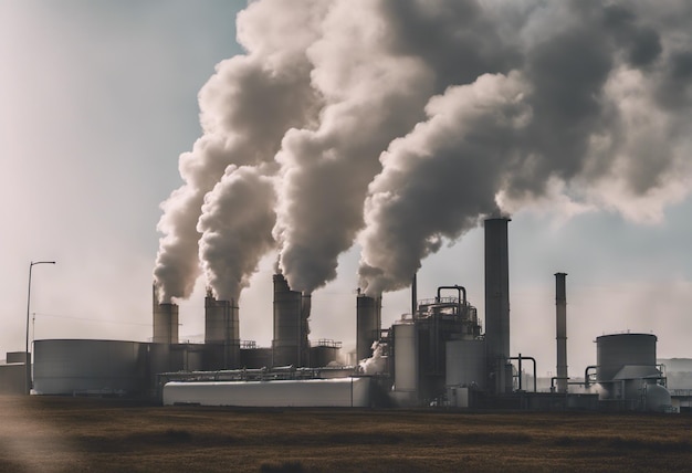 Smoke from the chimneys of a power plant in the countryside