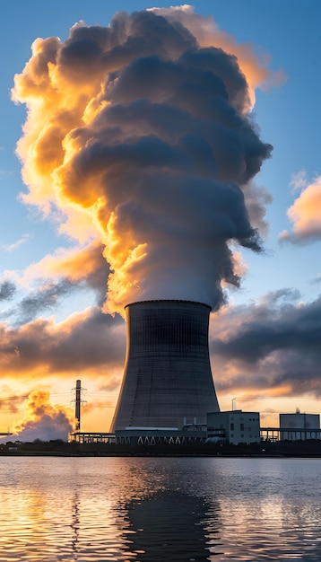 写真 原子力発電所の冷却塔からの煙が日没時に空と混じり合う